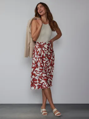 Pleated A-line Leaf Print Midi Skirt