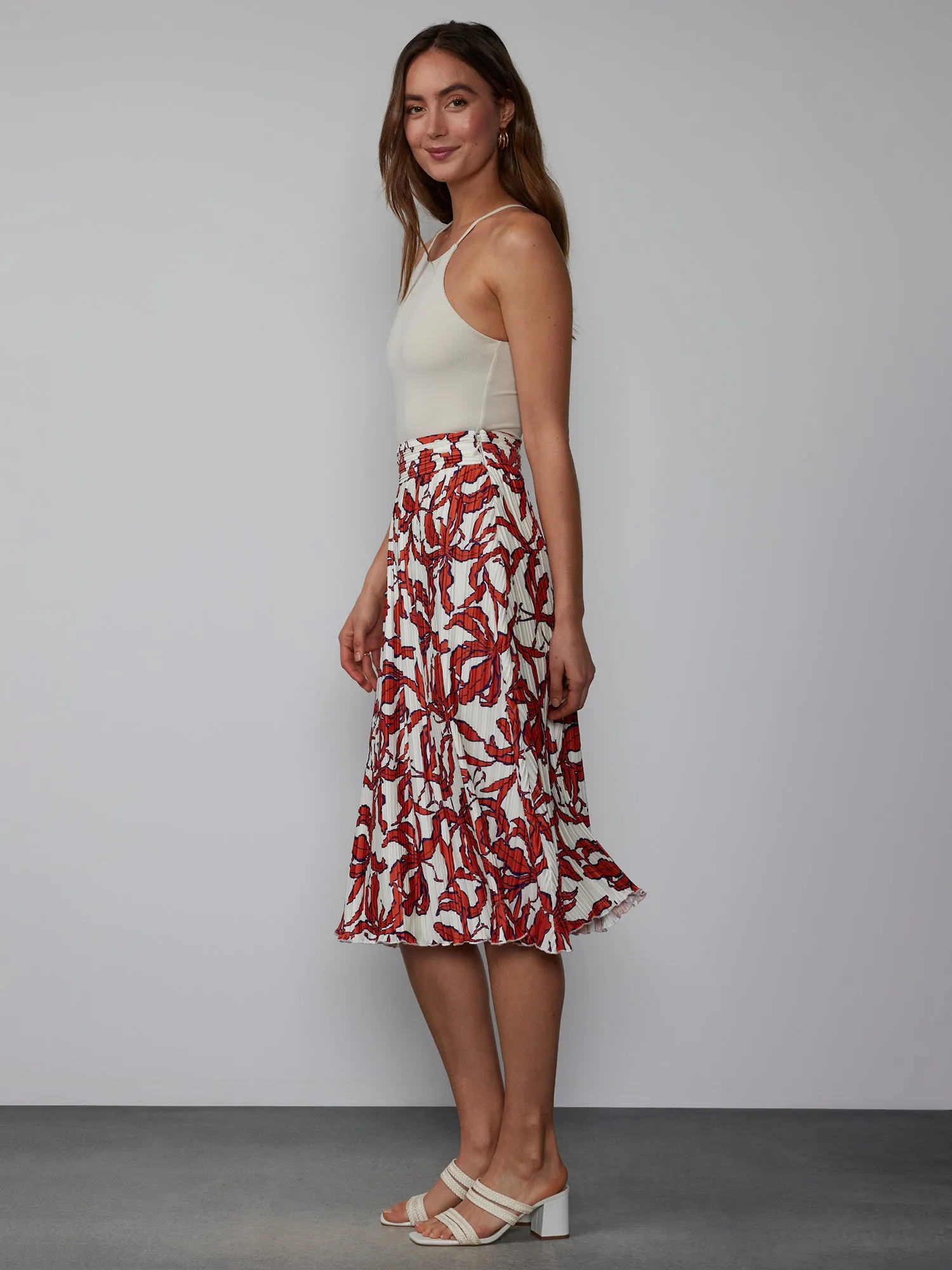 Pleated A-line Leaf Print Midi Skirt
