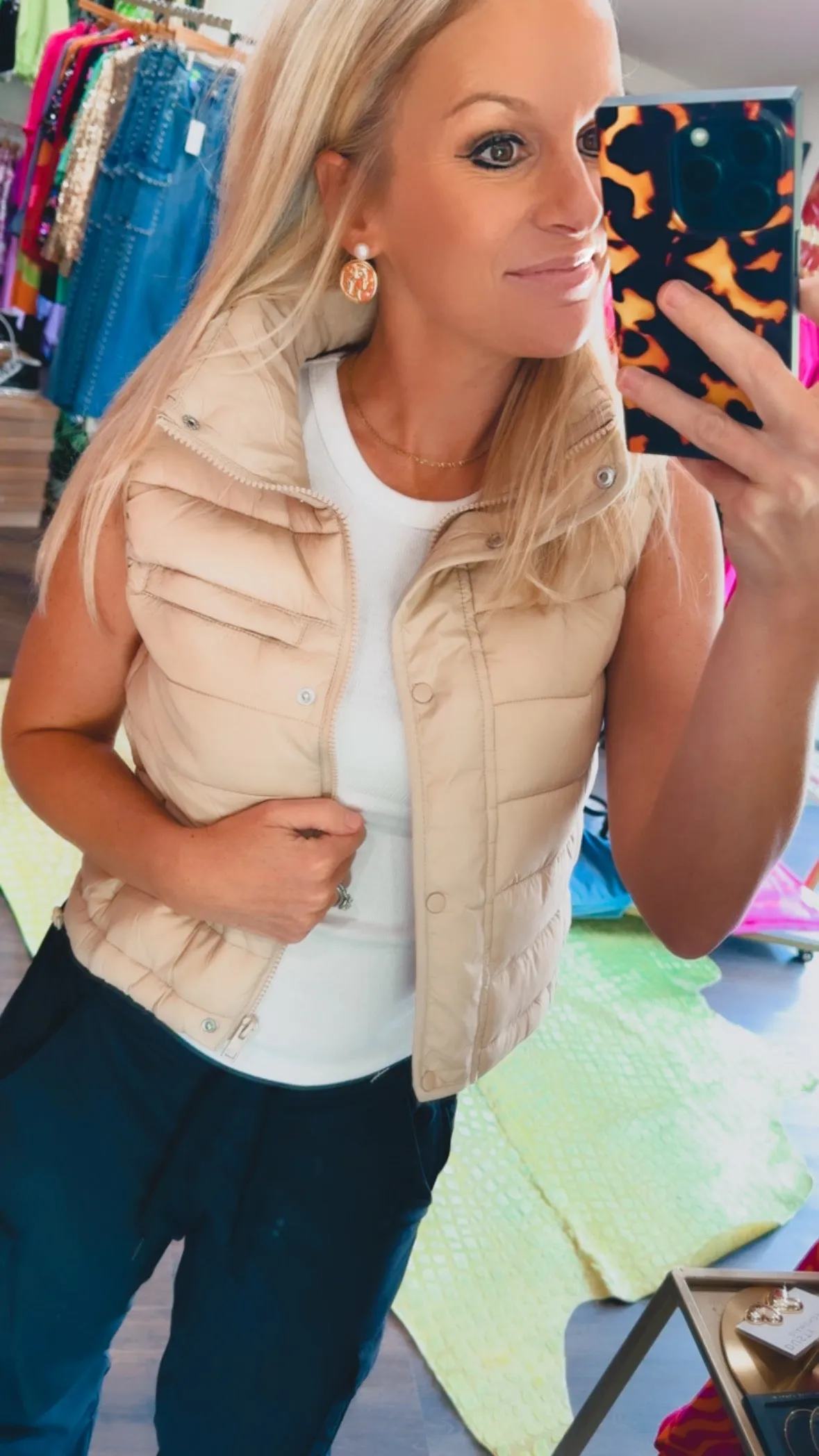 Quilted Stripe Puffer Vest in Khaki