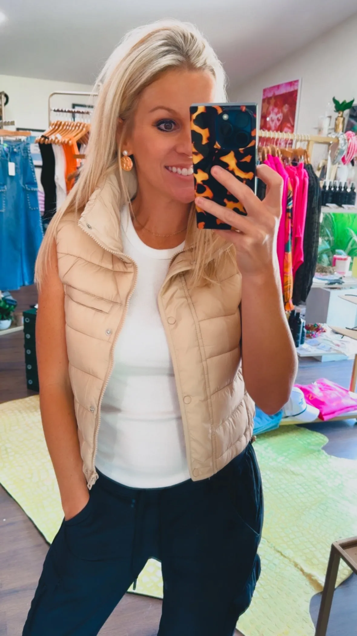 Quilted Stripe Puffer Vest in Khaki