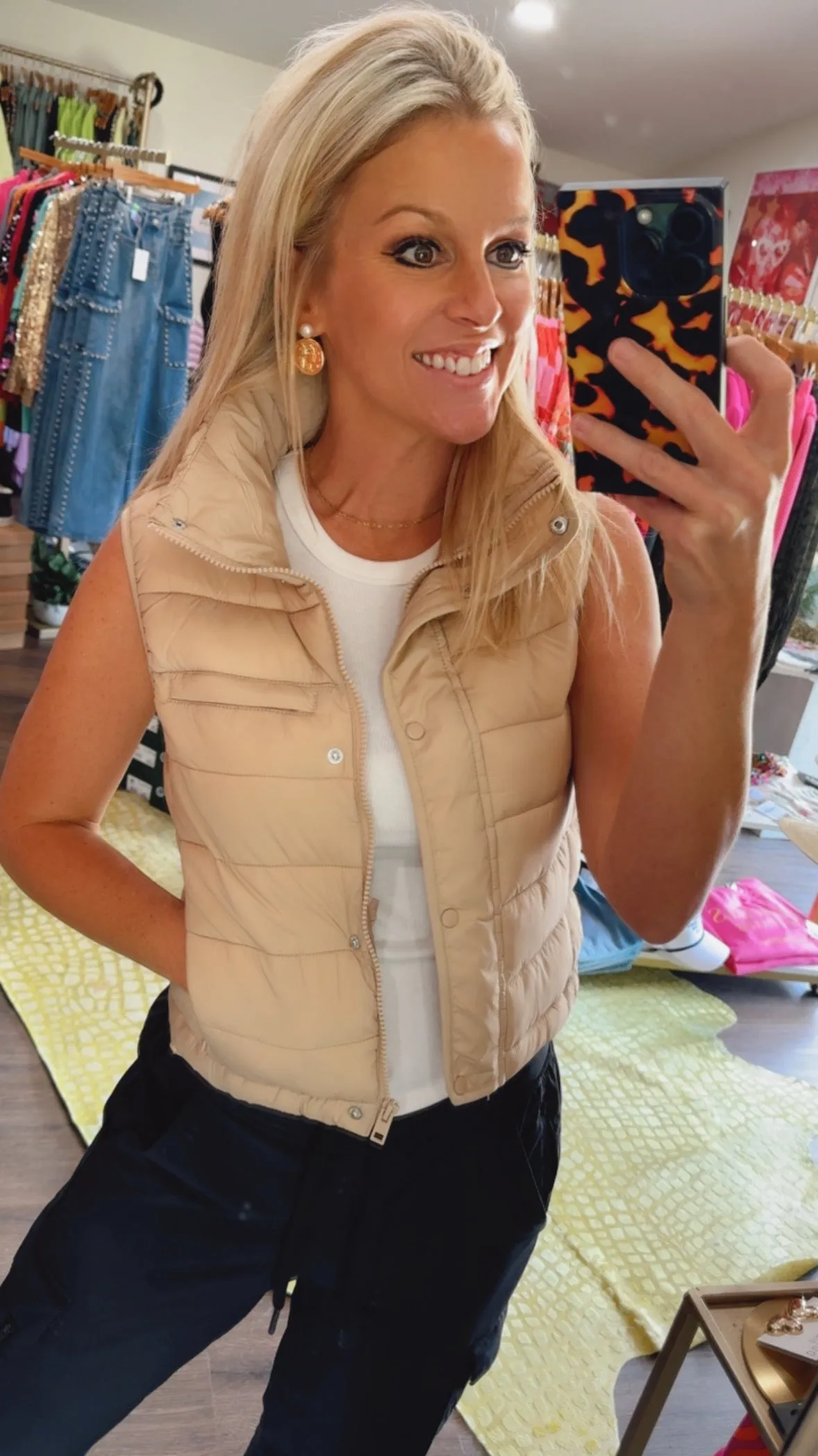 Quilted Stripe Puffer Vest in Khaki