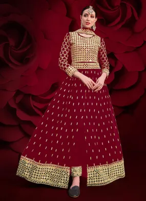 Red Golden Mirror Work Slit Style Anarkali Pant Suit