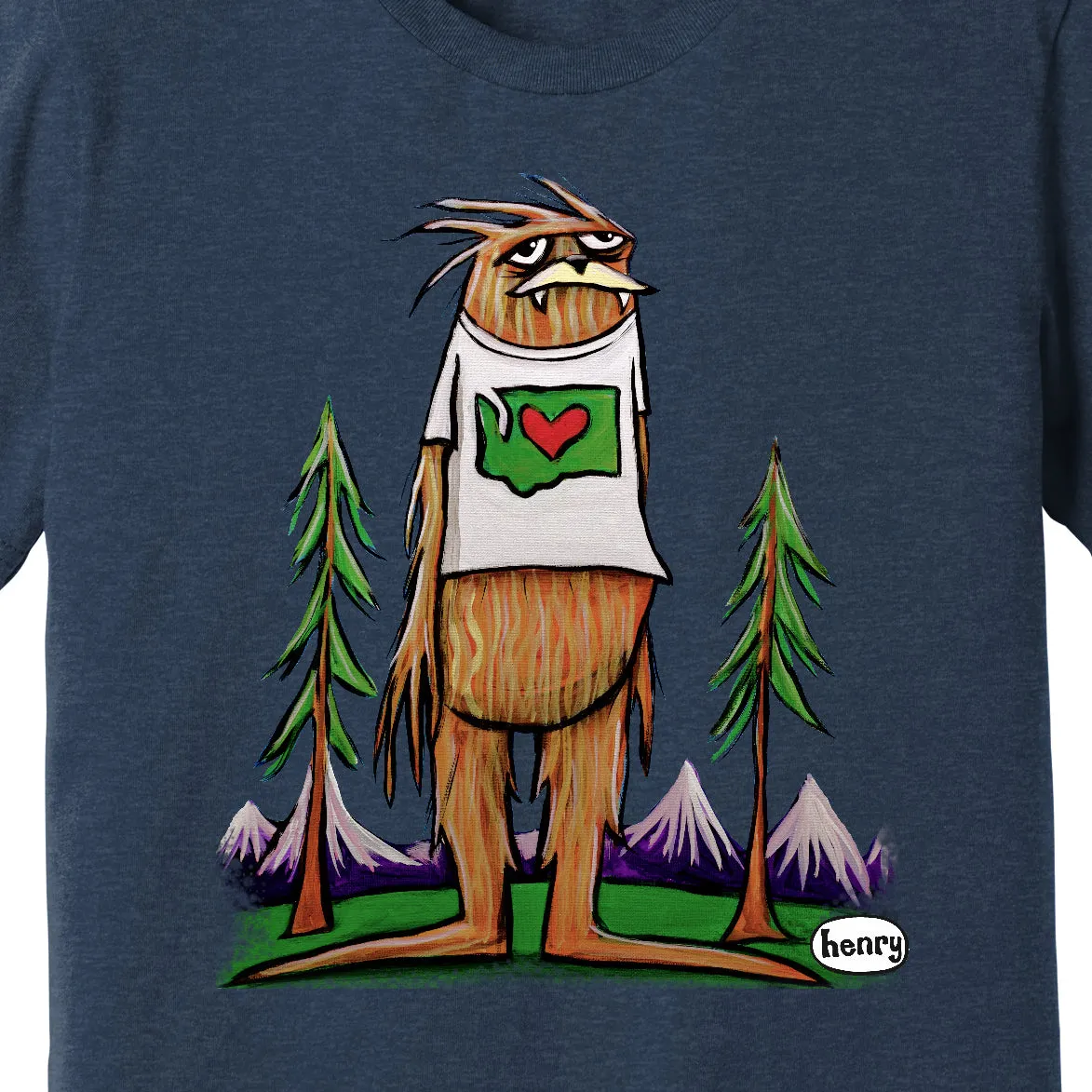 Sasquatch is big in Washington Heathered Navy Unisex T-Shirt | Wearable Art by Seattle Mural Artist Ryan "Henry" Ward
