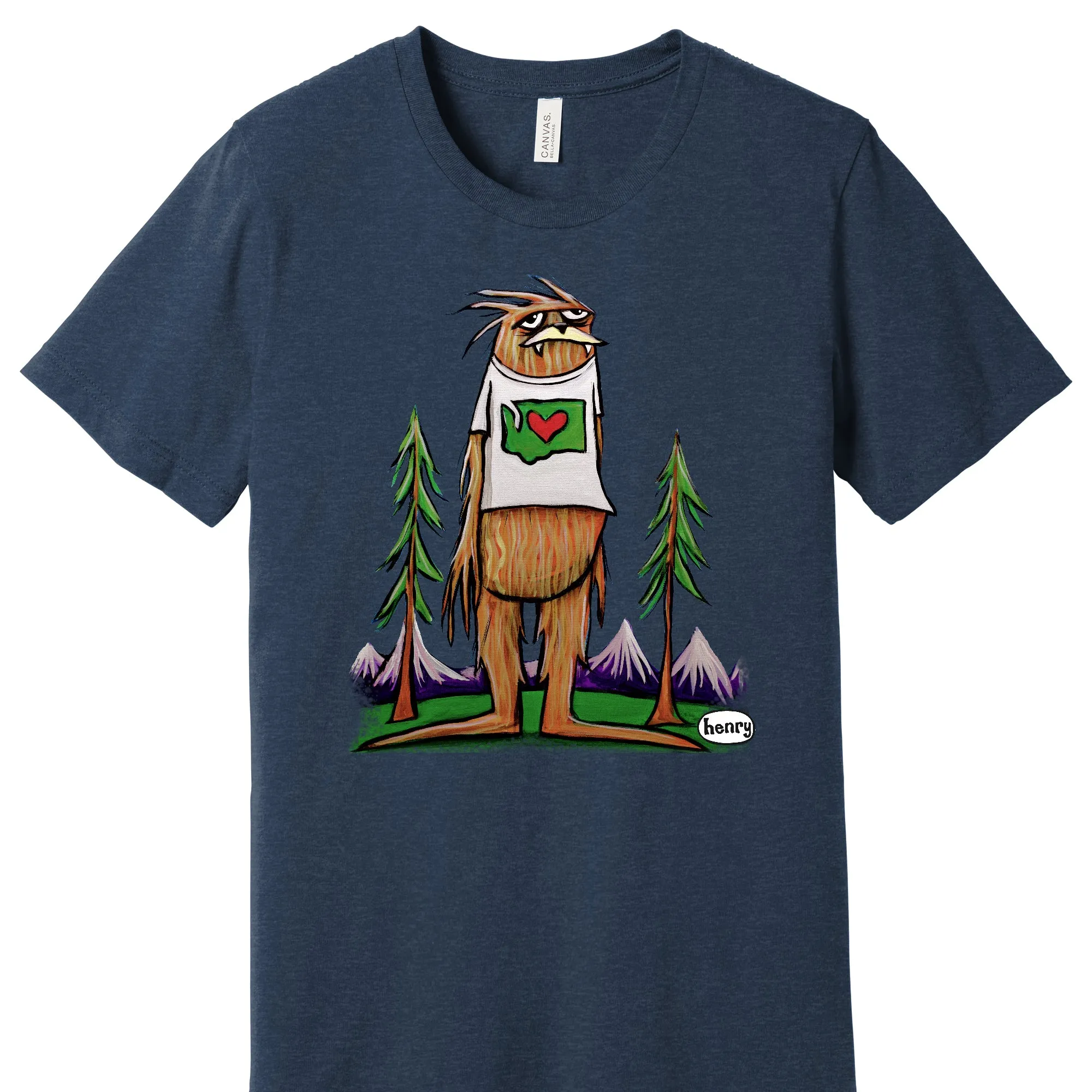 Sasquatch is big in Washington Heathered Navy Unisex T-Shirt | Wearable Art by Seattle Mural Artist Ryan "Henry" Ward