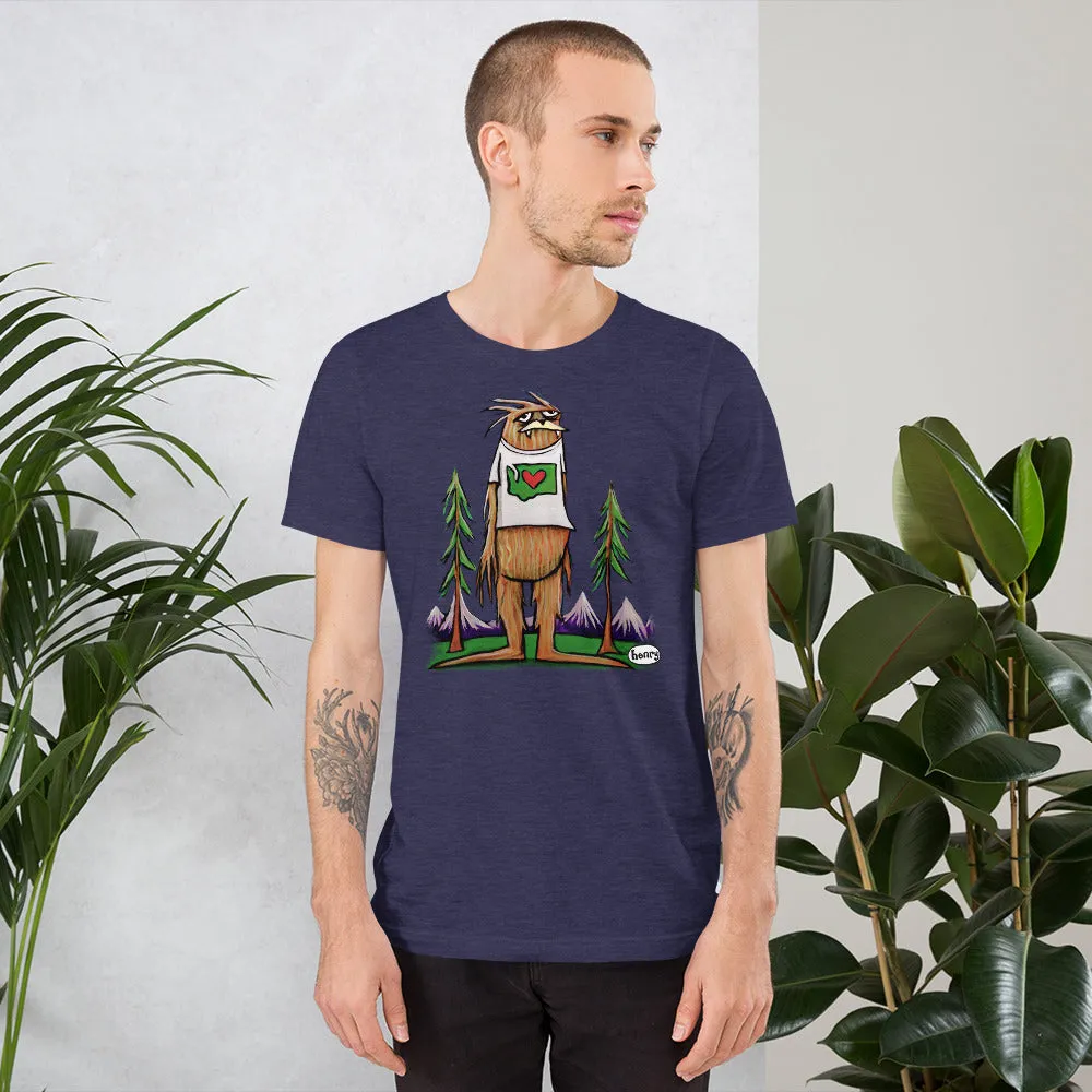 Sasquatch is big in Washington Heathered Navy Unisex T-Shirt | Wearable Art by Seattle Mural Artist Ryan "Henry" Ward