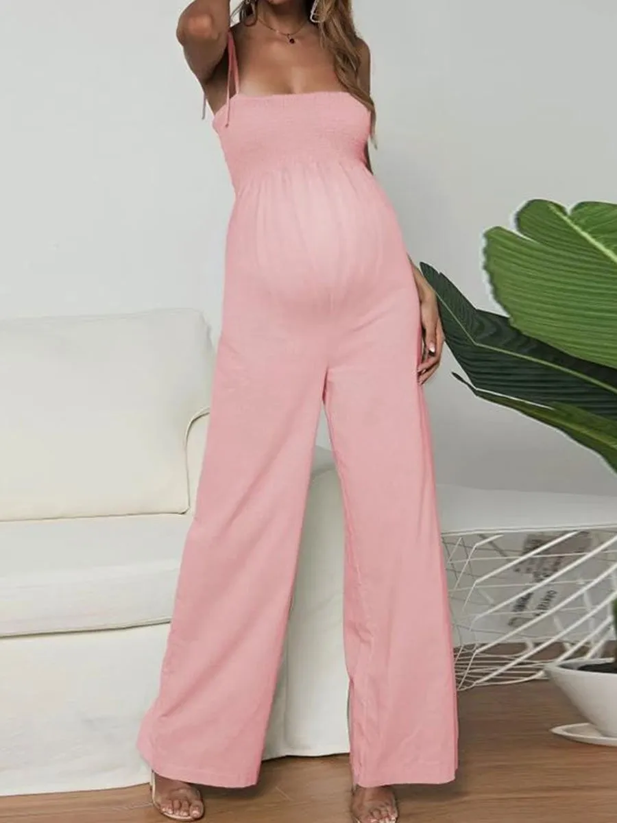 Solid Color Cotton Hemp Tube Strap Maternity Jumpsuit