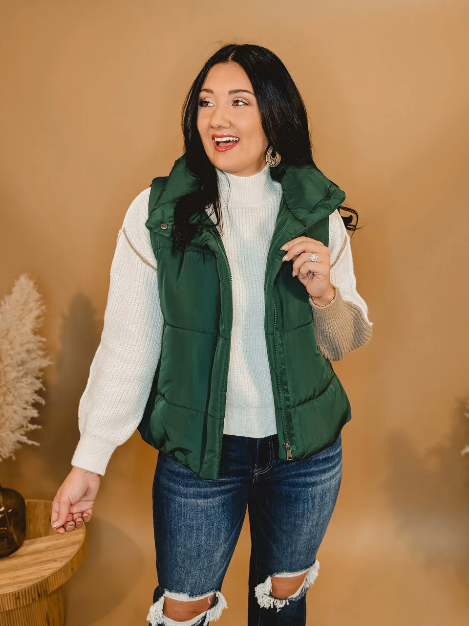 Solid Zip Up Puffer Vest - Hunter Green