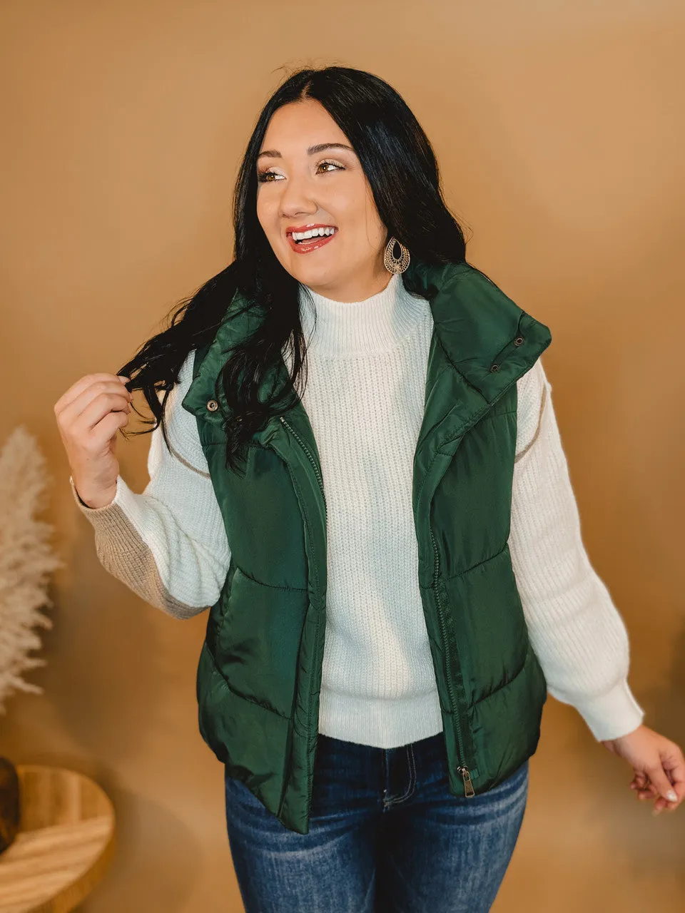 Solid Zip Up Puffer Vest - Hunter Green