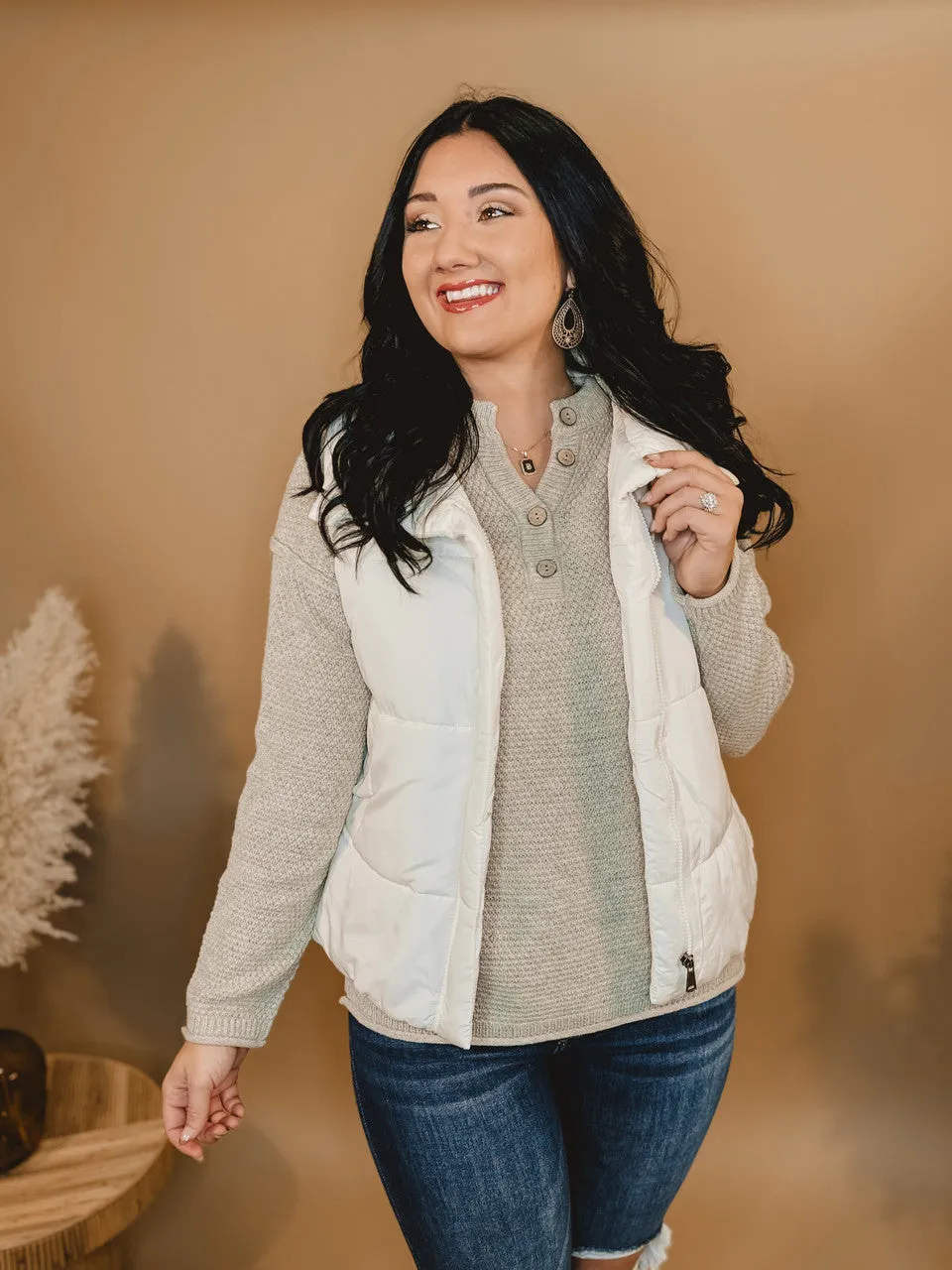 Solid Zip Up Puffer Vest - Ivory