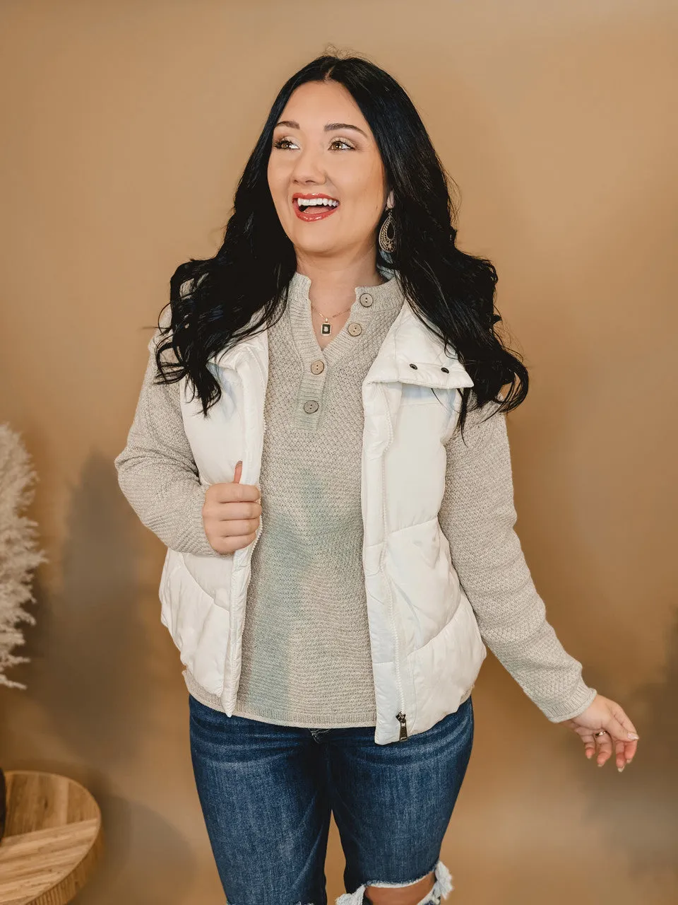 Solid Zip Up Puffer Vest - Ivory