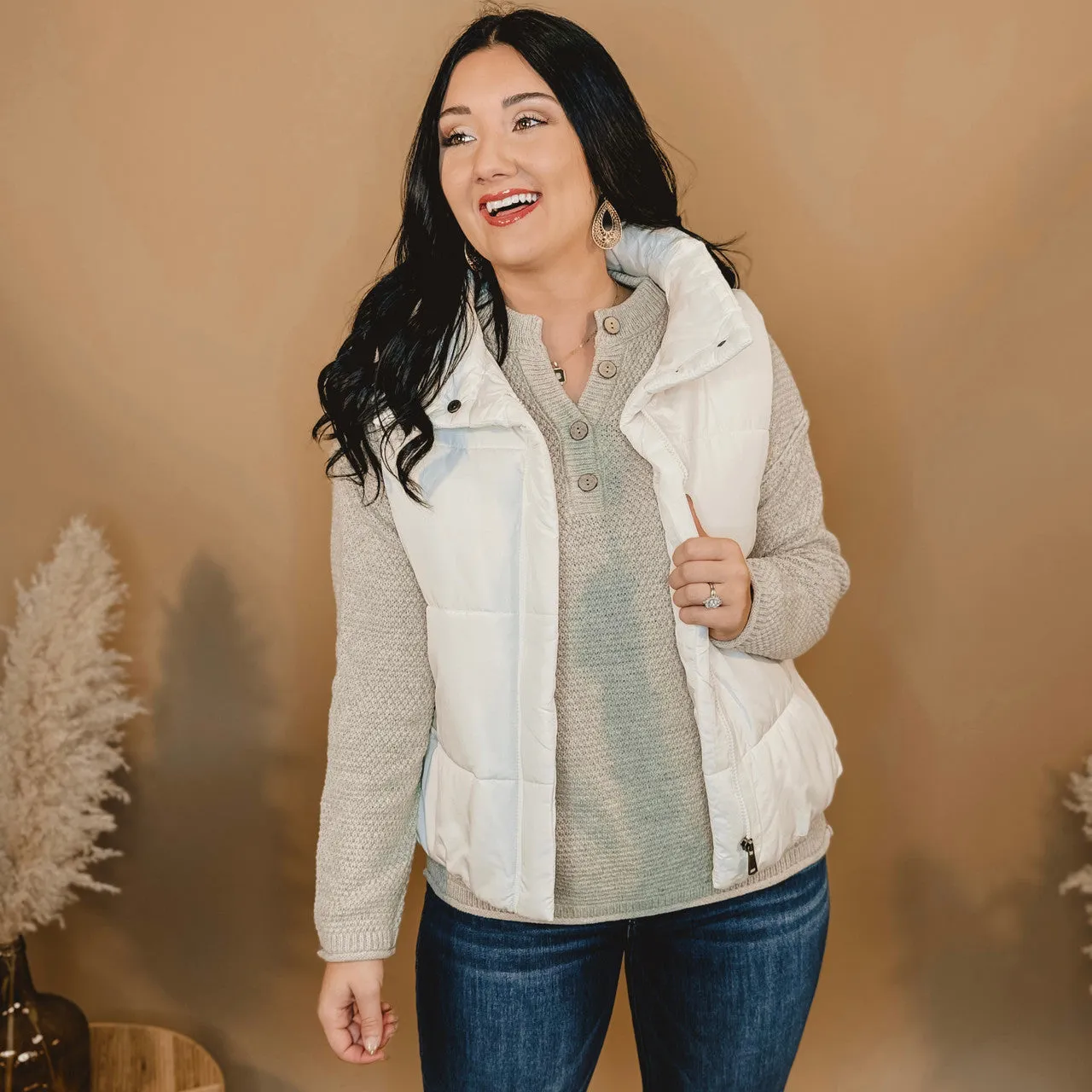 Solid Zip Up Puffer Vest - Ivory
