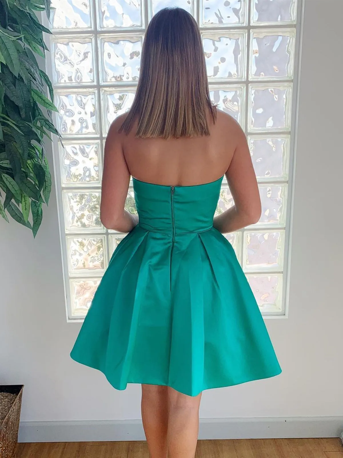 Strapless Open Back Green Short Prom with Pocket, Open Back Green Homecoming, Short Green Formal Evening