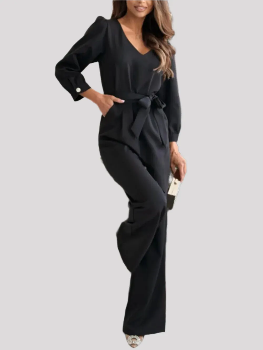 Tied V-Neck Long Sleeve Wide Leg Jumpsuit – Opaque, Recycled Fiber
