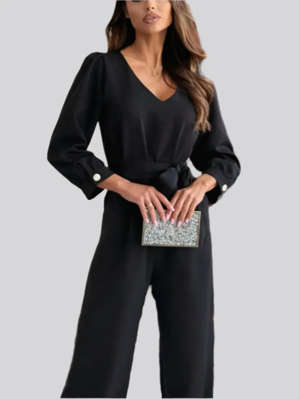 Tied V-Neck Long Sleeve Wide Leg Jumpsuit – Opaque, Recycled Fiber