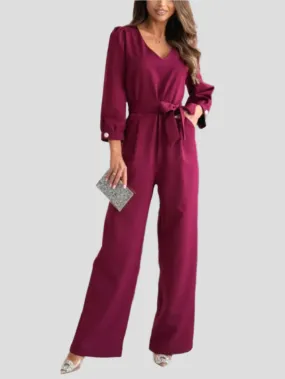 Tied V-Neck Long Sleeve Wide Leg Jumpsuit – Opaque, Recycled Fiber