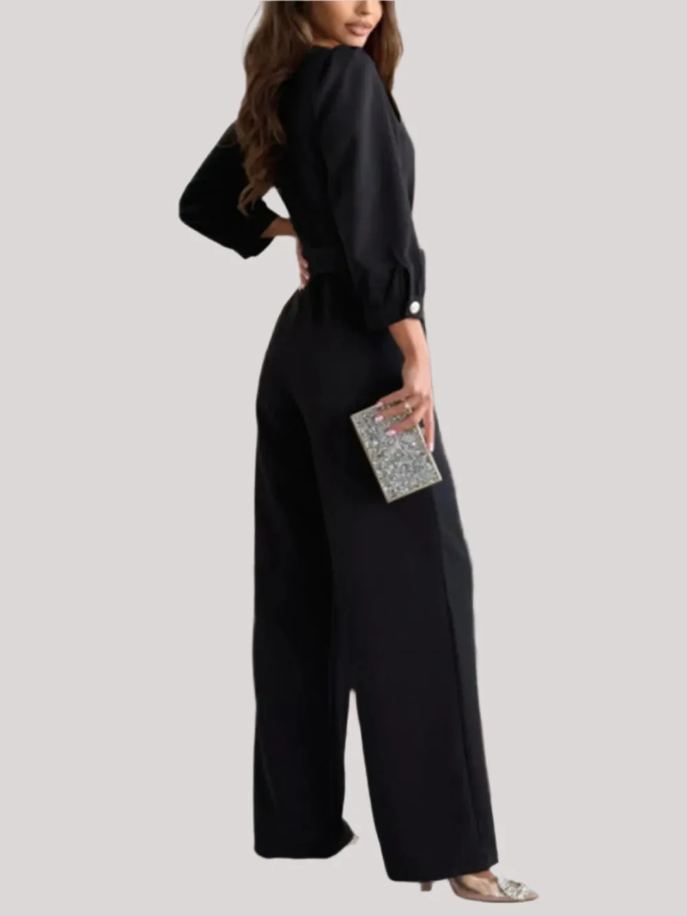 Tied V-Neck Long Sleeve Wide Leg Jumpsuit – Opaque, Recycled Fiber