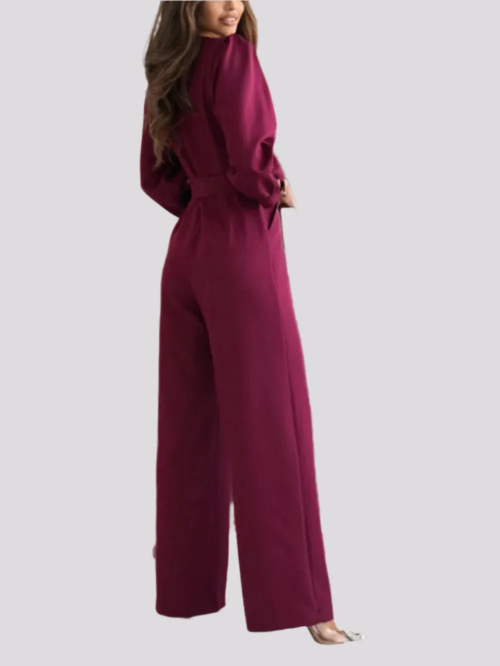 Tied V-Neck Long Sleeve Wide Leg Jumpsuit – Opaque, Recycled Fiber