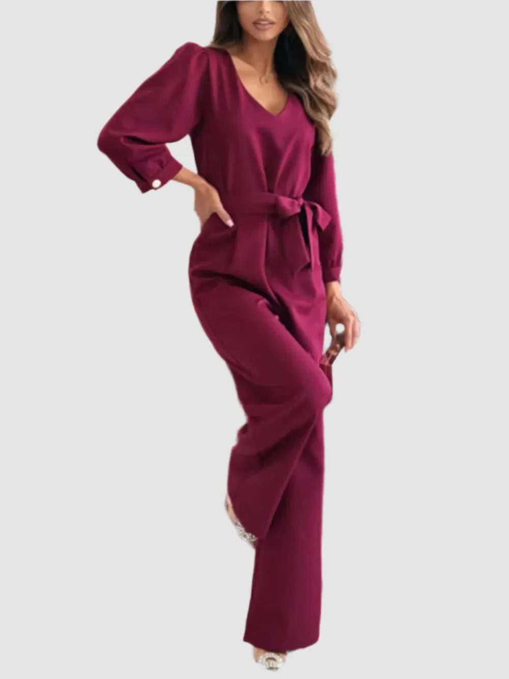 Tied V-Neck Long Sleeve Wide Leg Jumpsuit – Opaque, Recycled Fiber