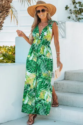 Tropical Leaf Print Smocked Jumpsuit