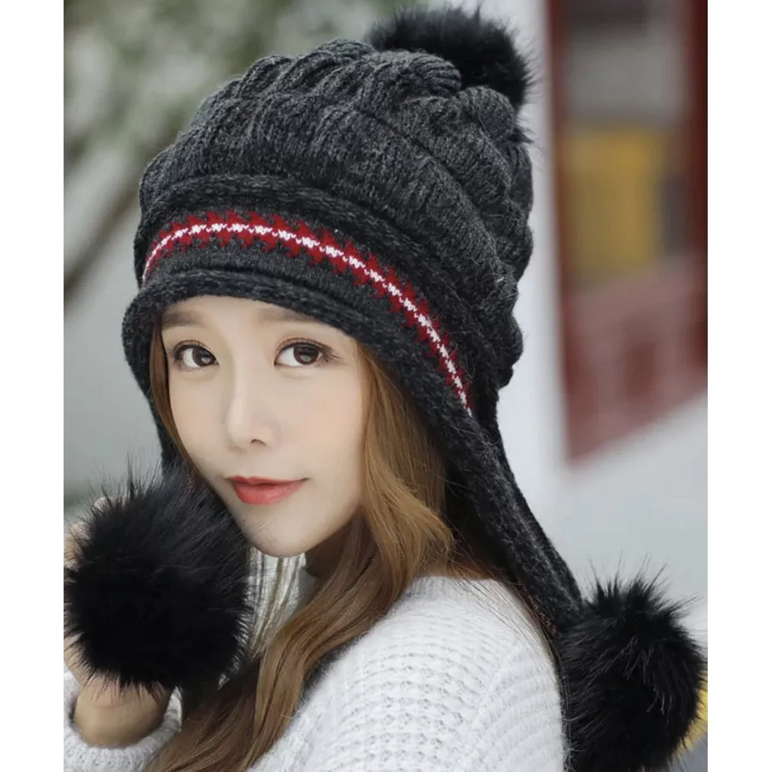 Unisex Fleece Lined Acrylic Knit Fall & Winter Warm Hats with Pretty Fur Pom Pom (Fits Most Adults and Teens)