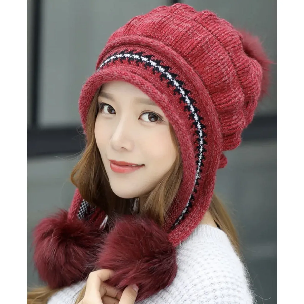 Unisex Fleece Lined Acrylic Knit Fall & Winter Warm Hats with Pretty Fur Pom Pom (Fits Most Adults and Teens)