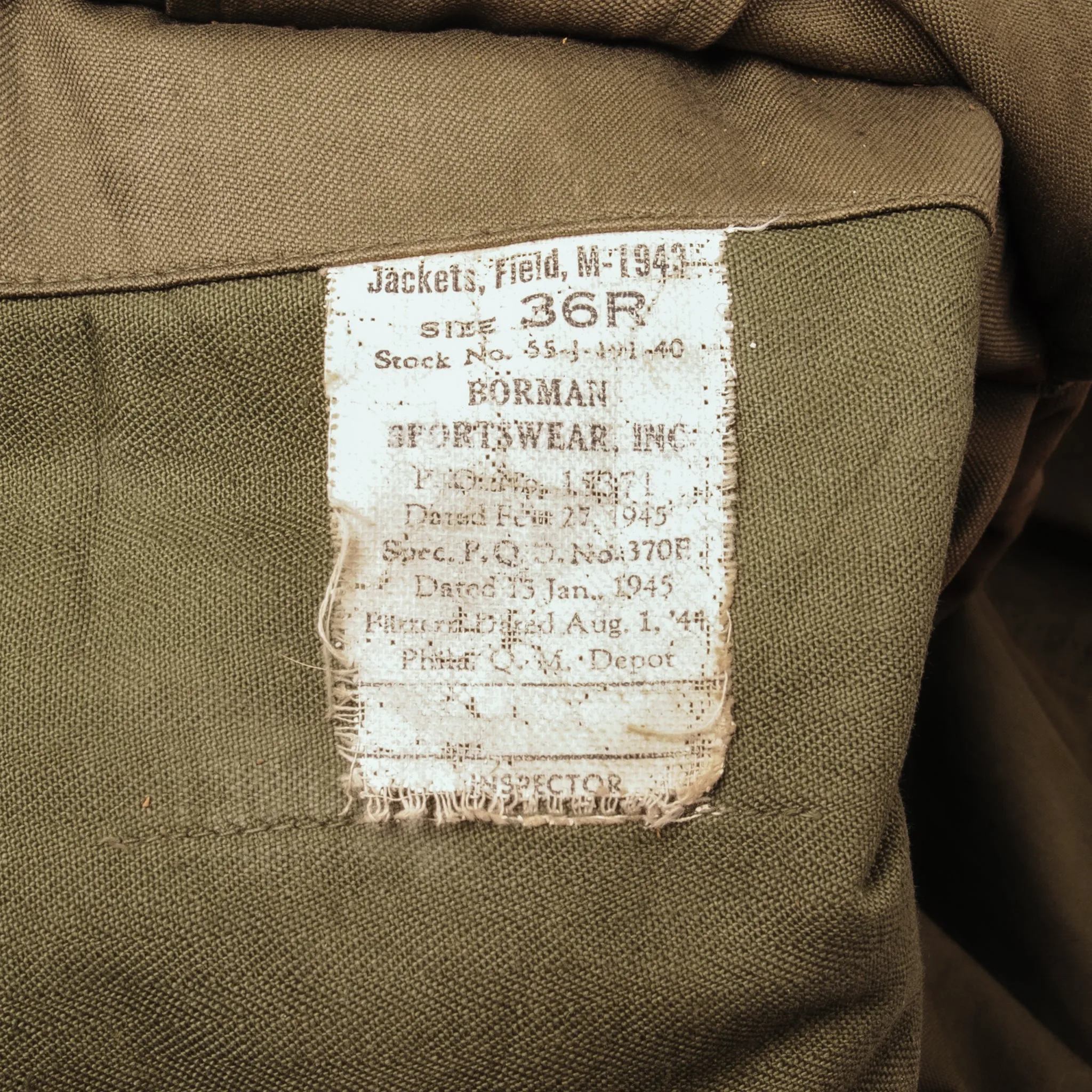 VINTAGE US ARMY M-1943 M43 FIELD JACKET 1945 WW2 SIZE 36R