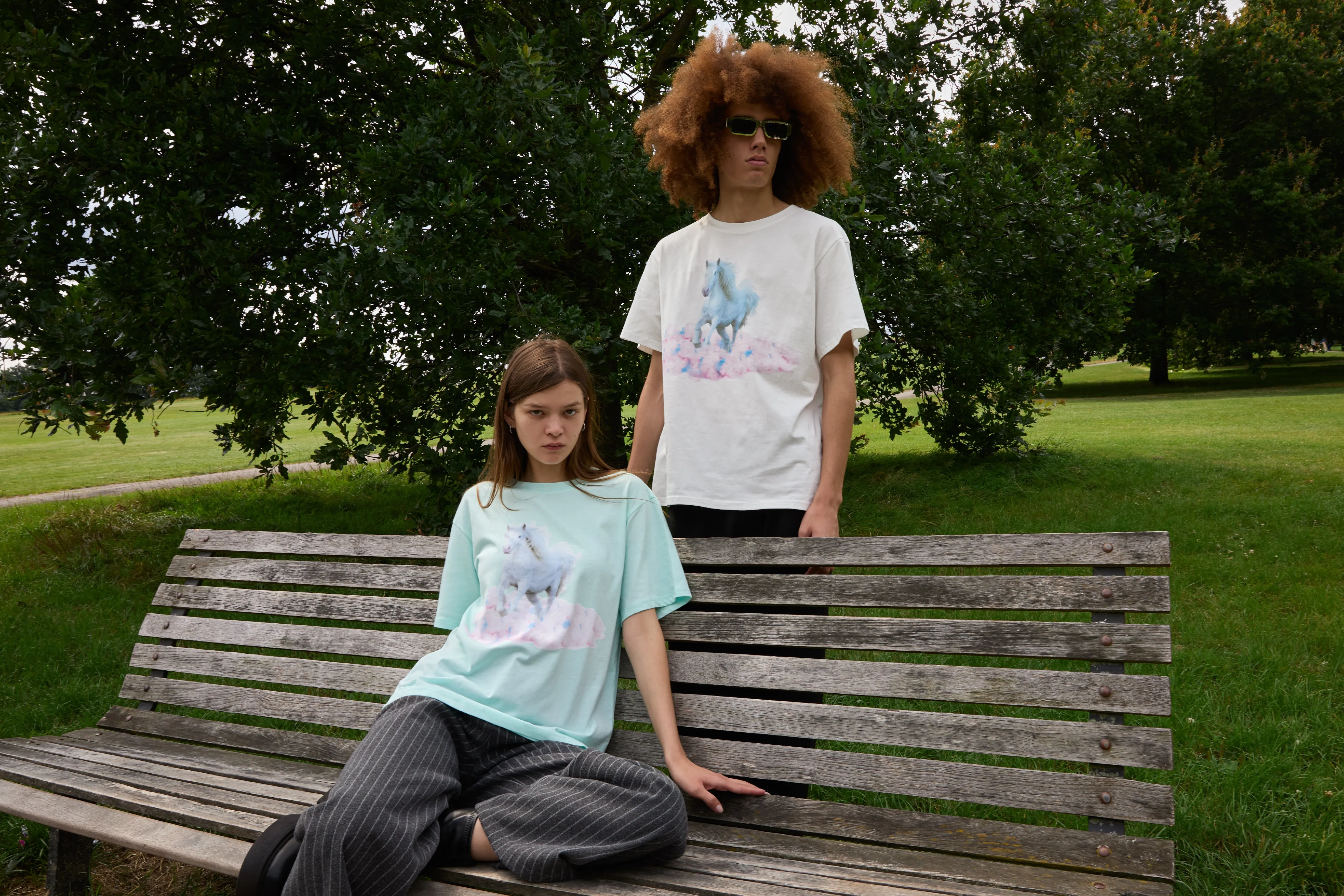 White Horse Print Unisex T-Shirt in Light Mint Green