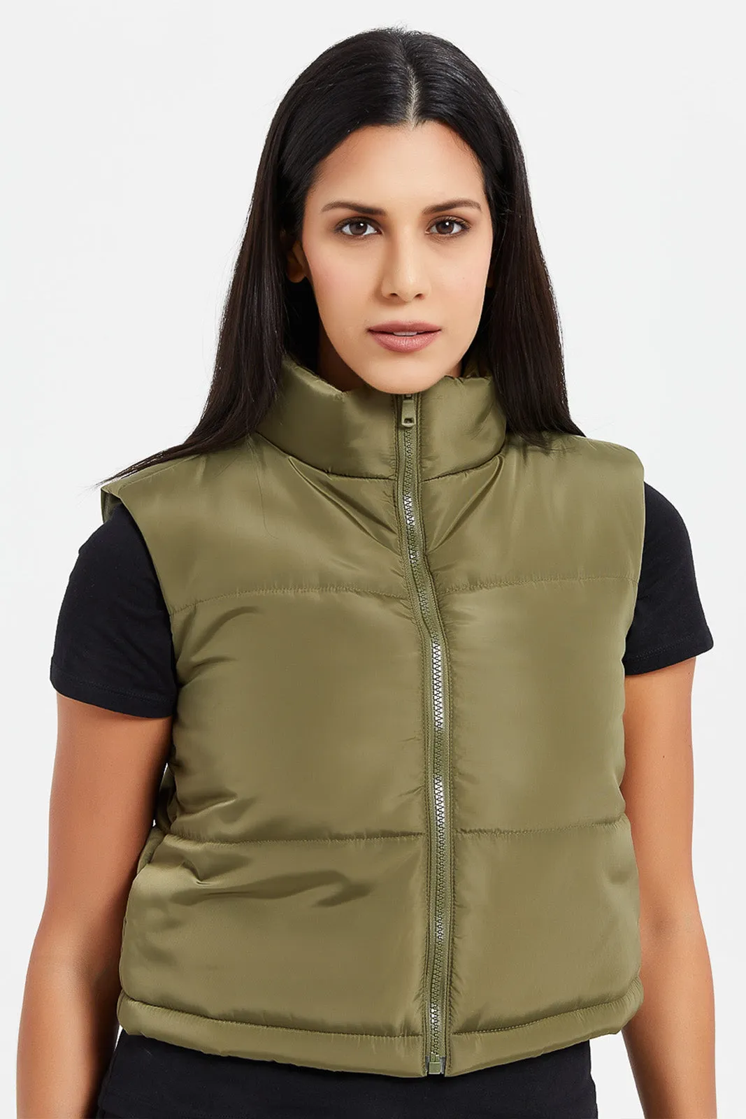 Women Olive Sleeveless Puffer Vest