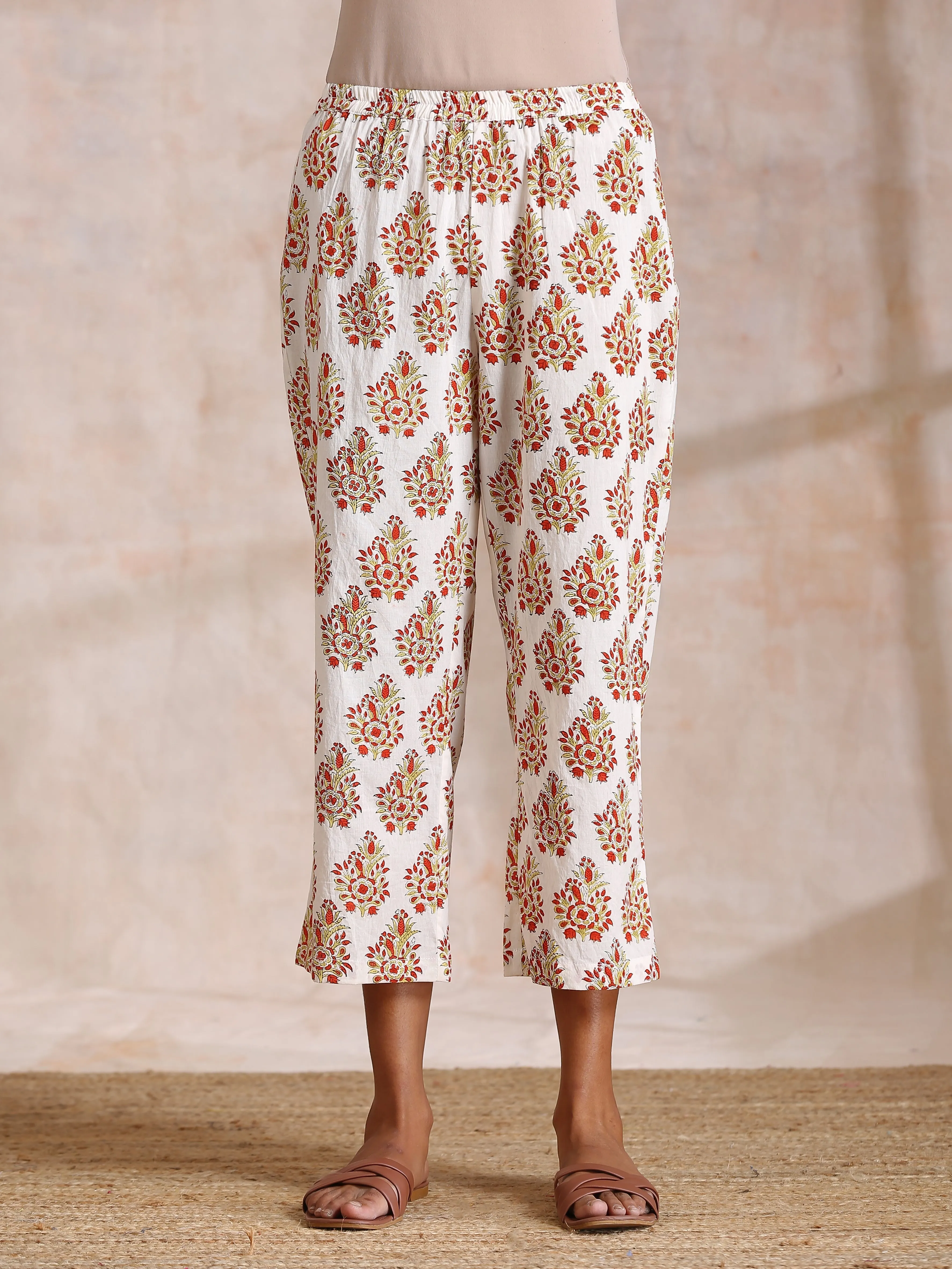 Yellow Overall Floral Block Print Cotton Sleeveless Kurta Pant Set