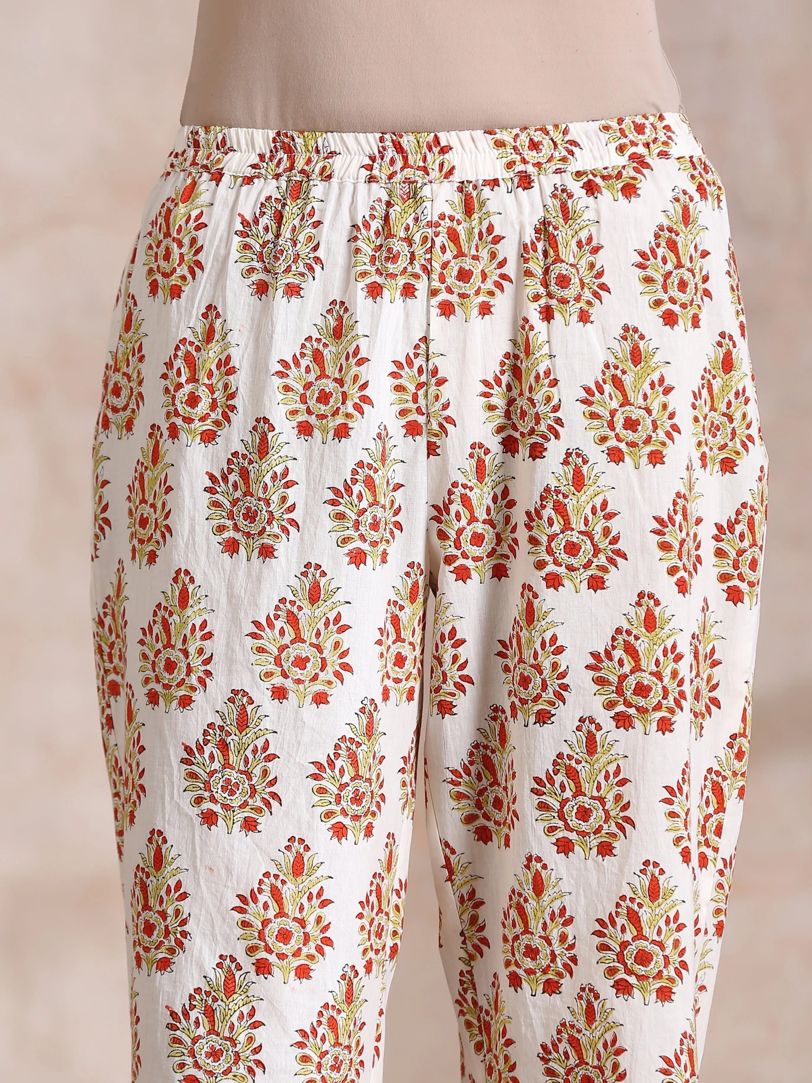 Yellow Overall Floral Block Print Cotton Sleeveless Kurta Pant Set