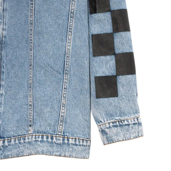Zip Front Denim with Check Sleeves